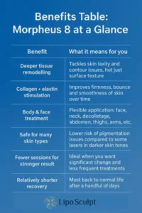 How Often Can I have Morpheus 8? 3 Table showing the benefits of Morpheus 8 treatment from Lipo Sculpt Hertford
